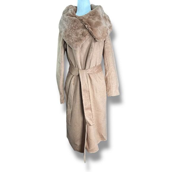 Maxchic Tan Camel Wool Cashmere Coat Rex Rabbit Oversized Collar XS Wrap Style - Picture 3 of 15